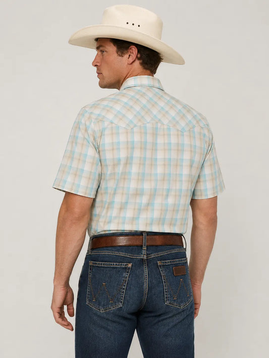 Wrangler Men’s Plaid Short Sleeve Western Snap Shirt – Cream & Sky Blue Last Rodeo Western Wear & Hat Bar