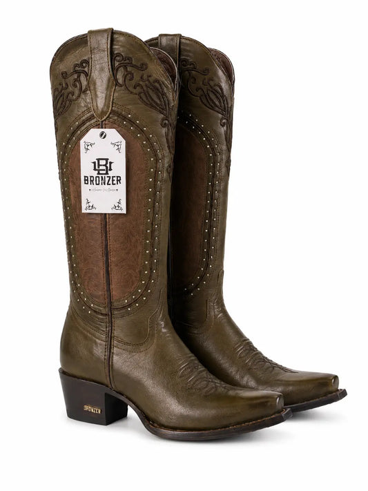 Women’s Cognac Snip Toe Western Cowboy Boots – 16” Tall Embroidered Leather Last Rodeo Western Wear & Hat Bar