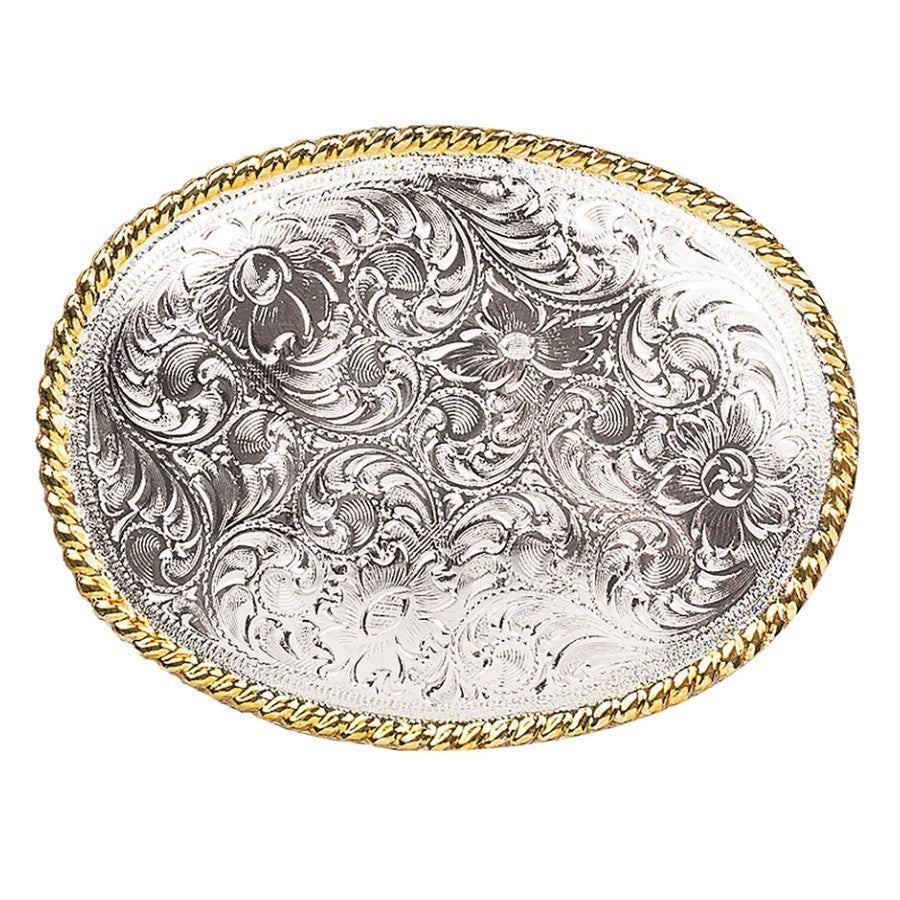 Nocona Silver Floral Belt Buckle with Gold Trim