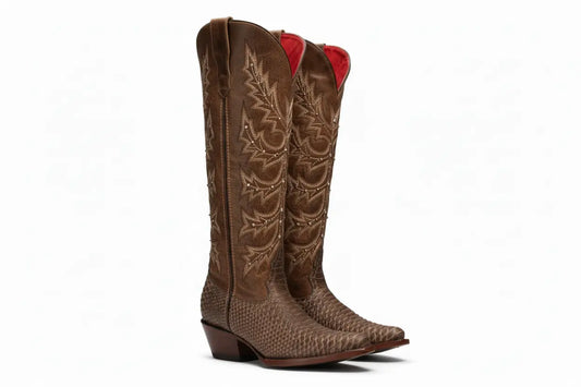 Brown Python Leather Cowgirl Boots – Tall Western Snip Toe Boots Last Rodeo Western Wear & Hat Bar