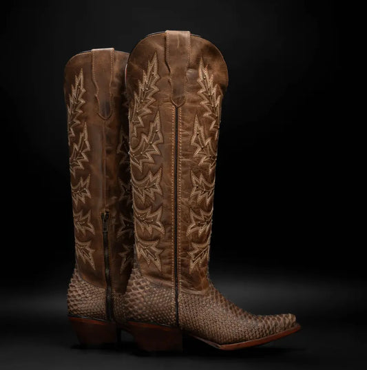 Brown Python Leather Cowgirl Boots – Tall Western Snip Toe Boots Last Rodeo Western Wear & Hat Bar