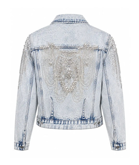 Angel Wings Embellished Denim Jacket Blue B