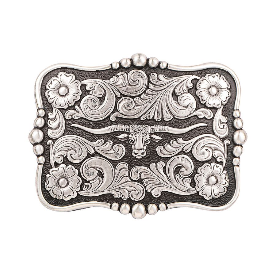 Nocona Men's Longhorn Silver & Black Rectangular Belt Buckle