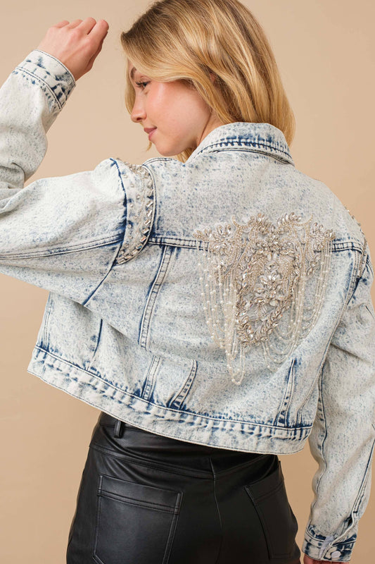 Angel Wings Embellished Denim Jacket Blue B