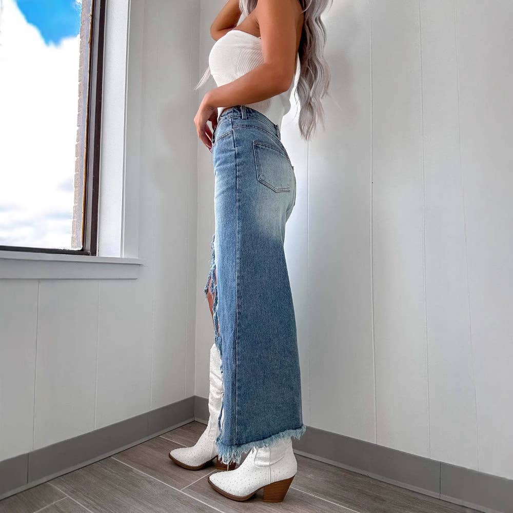 Frontier Chic High-Slit Denim Skirt