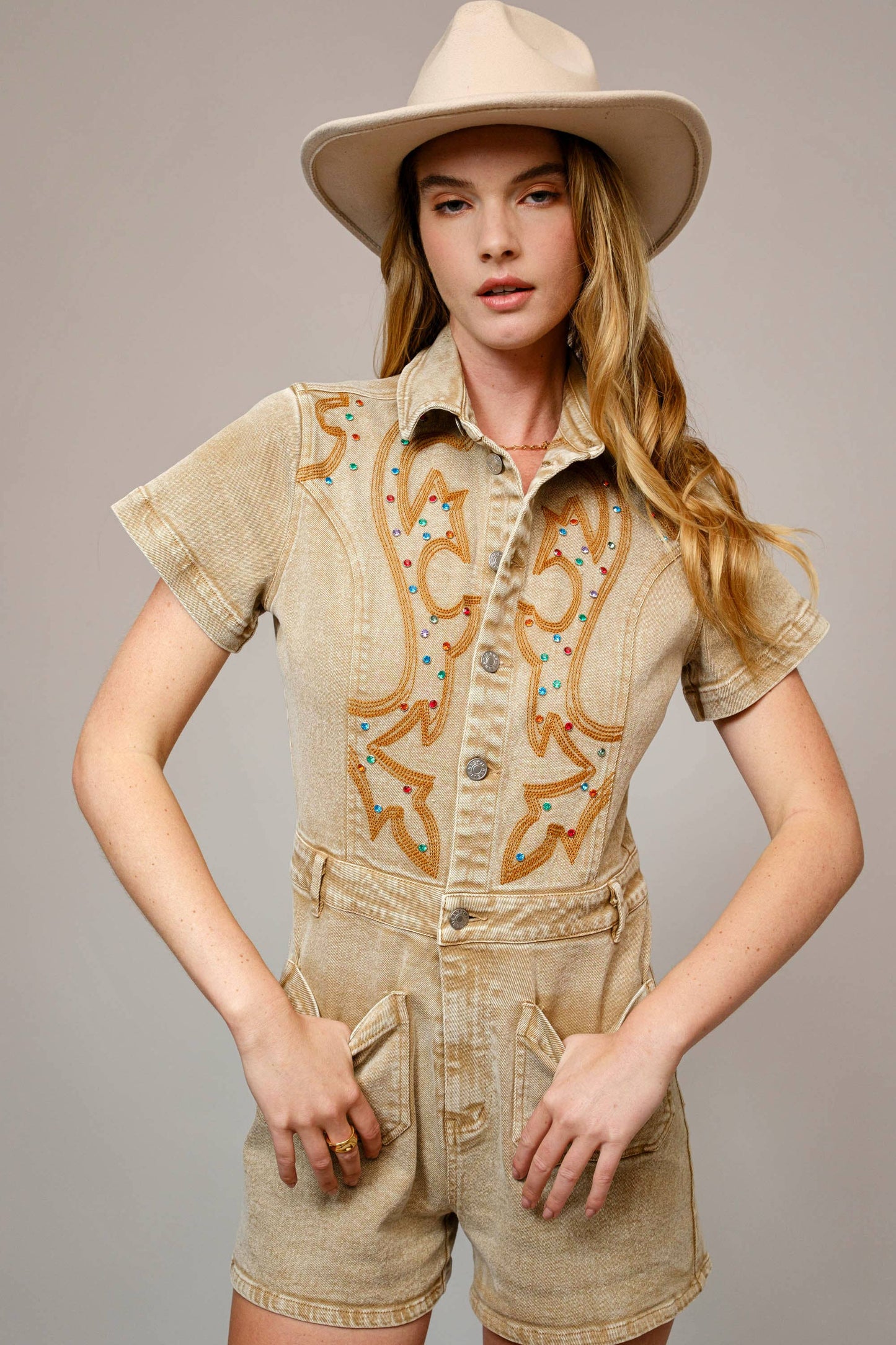 Dusty Trails Embroidered Romper Sandstone