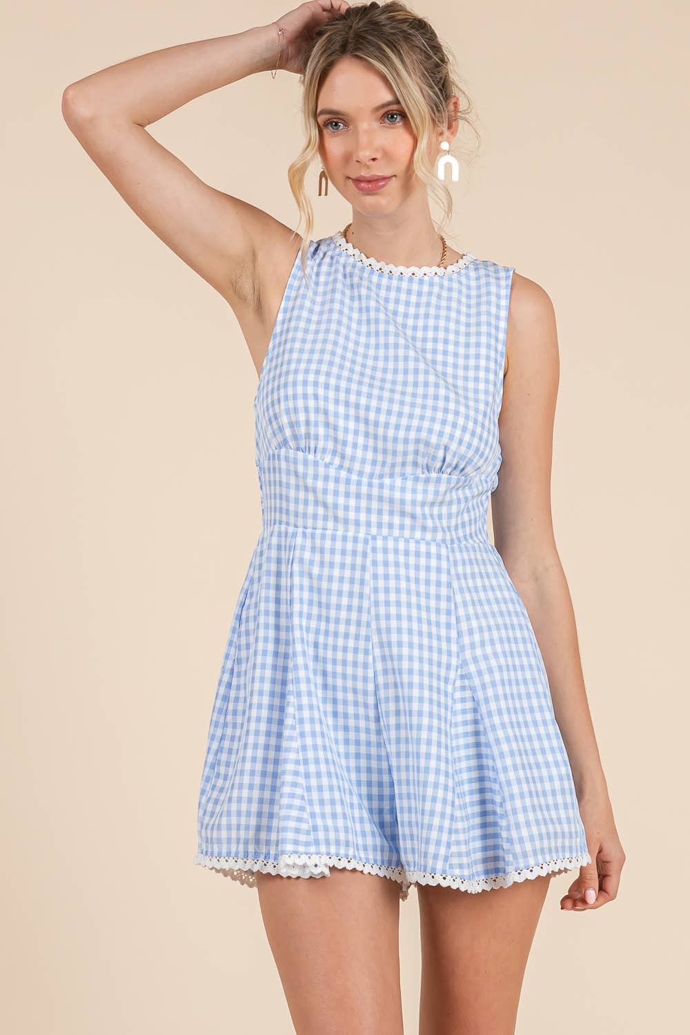 Blue Gingham Lace Romper