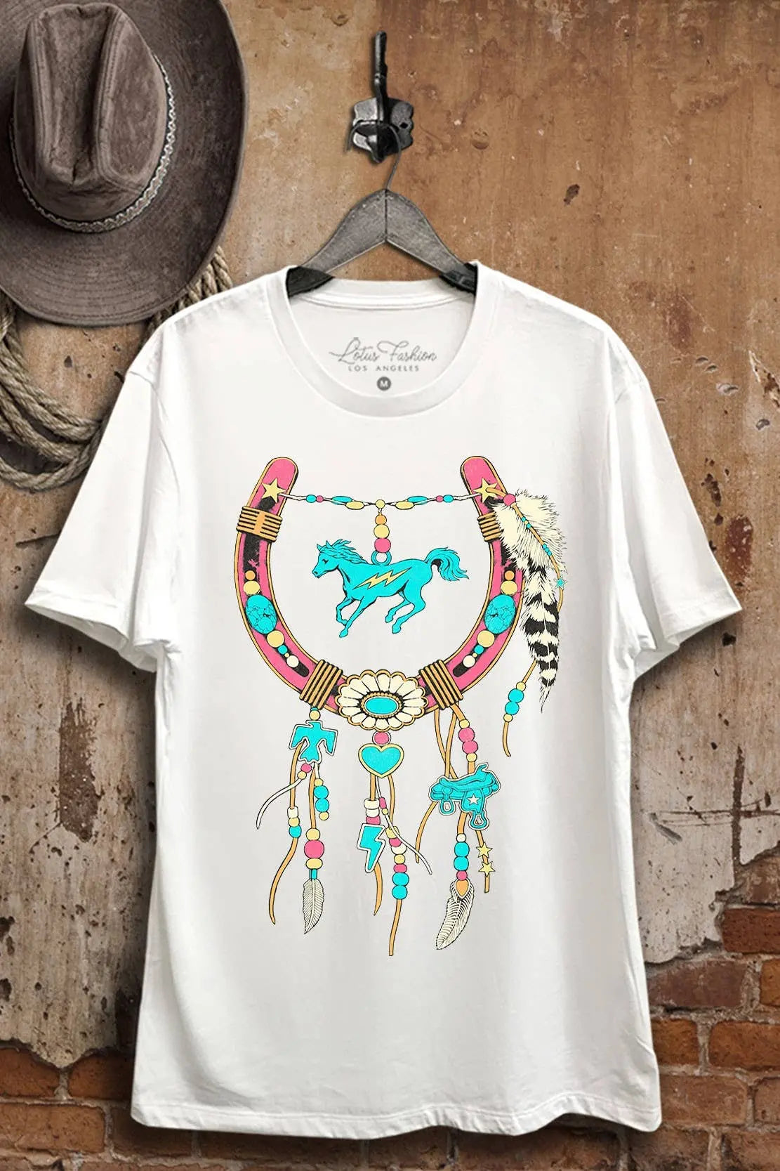 White Dreamcatcher Mustang Tee – Western Cowgirl Graphic T-Shirt Lotus Fashion Collection
