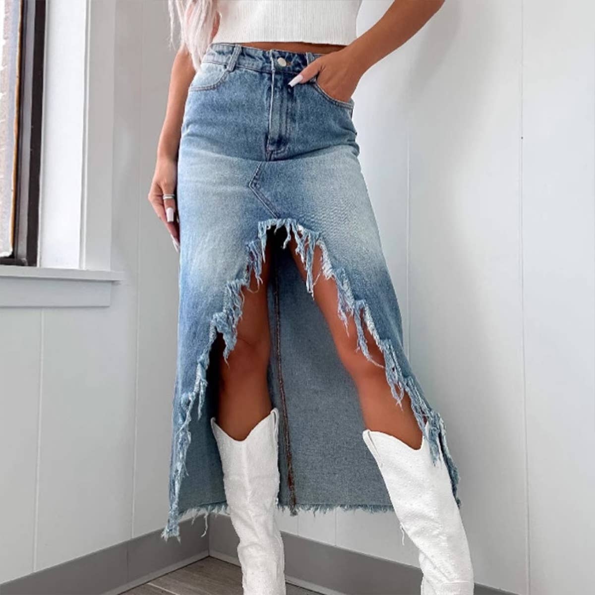 Frontier Chic High-Slit Denim Skirt