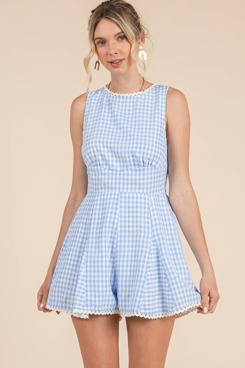 Blue Gingham Lace Romper