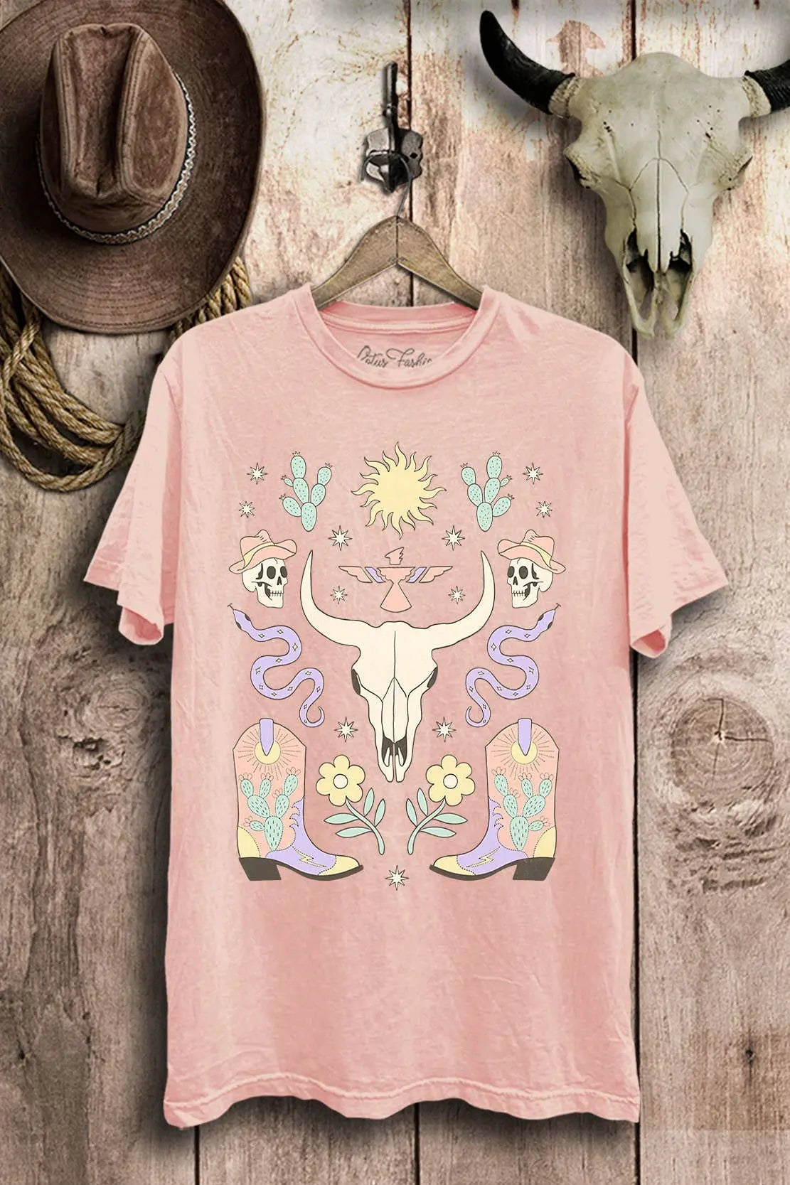 Desert Skull & Boots Cowgirl Western Graphic Tee Lotus Fashion Collection