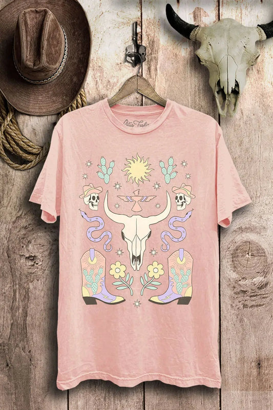 Desert Skull & Boots Cowgirl Western Graphic Tee Lotus Fashion Collection