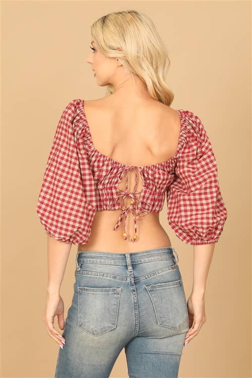 Puff Sleeve Plaid Crop Top – Red Taupe