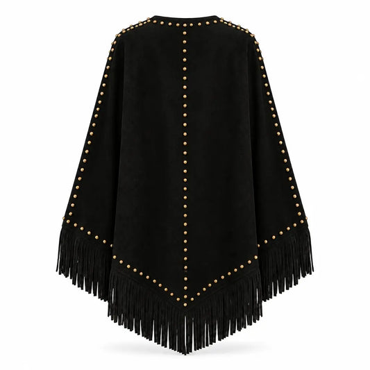Lucky & Blessed black suede studded western fringe cape back view on white background