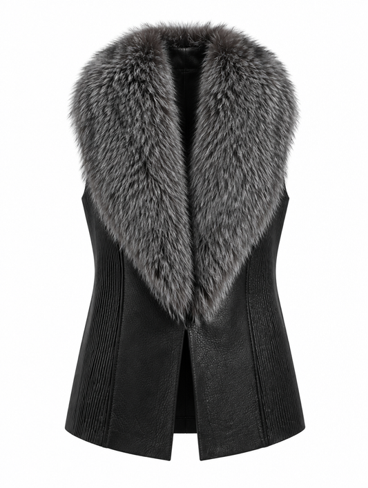 Fox fur collar lambskin leather vest product photo