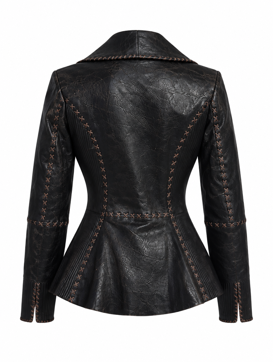 Women's black lambskin leather jacket with cross-stitch detail, back view