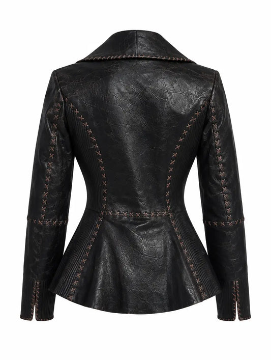 Women's black lambskin leather jacket with cross-stitch detail, back view