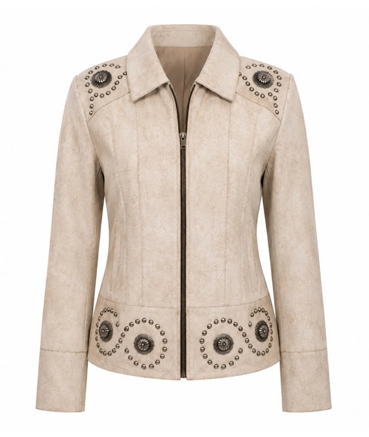 Scully Womenโs Beige Studded Leather Jacket Last Rodeo Western Wear & Hat Bar