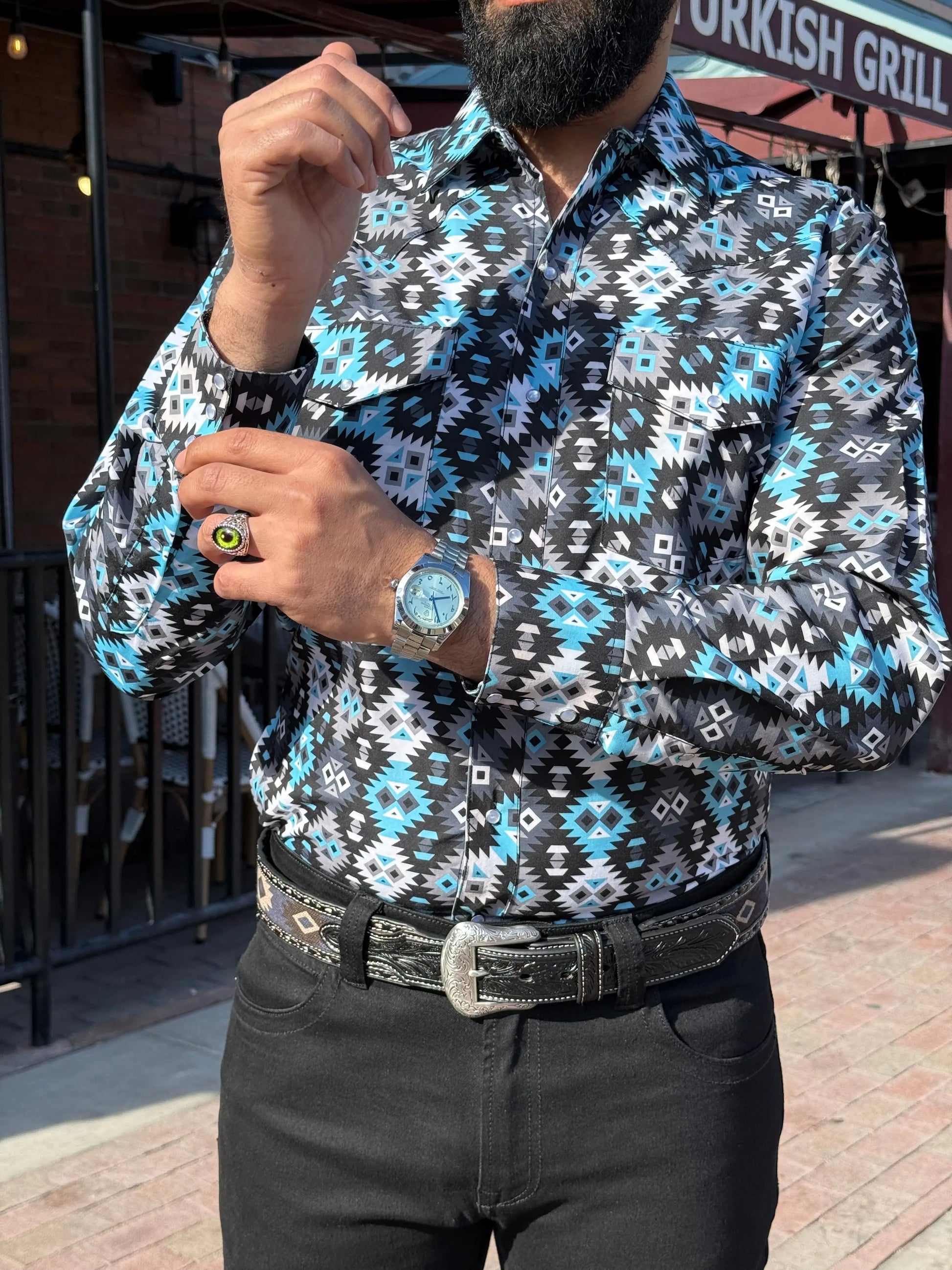 Men's Turquoise Aztec Western Pearl Snap Shirt Last Rodeo Western Wear & Hat Bar