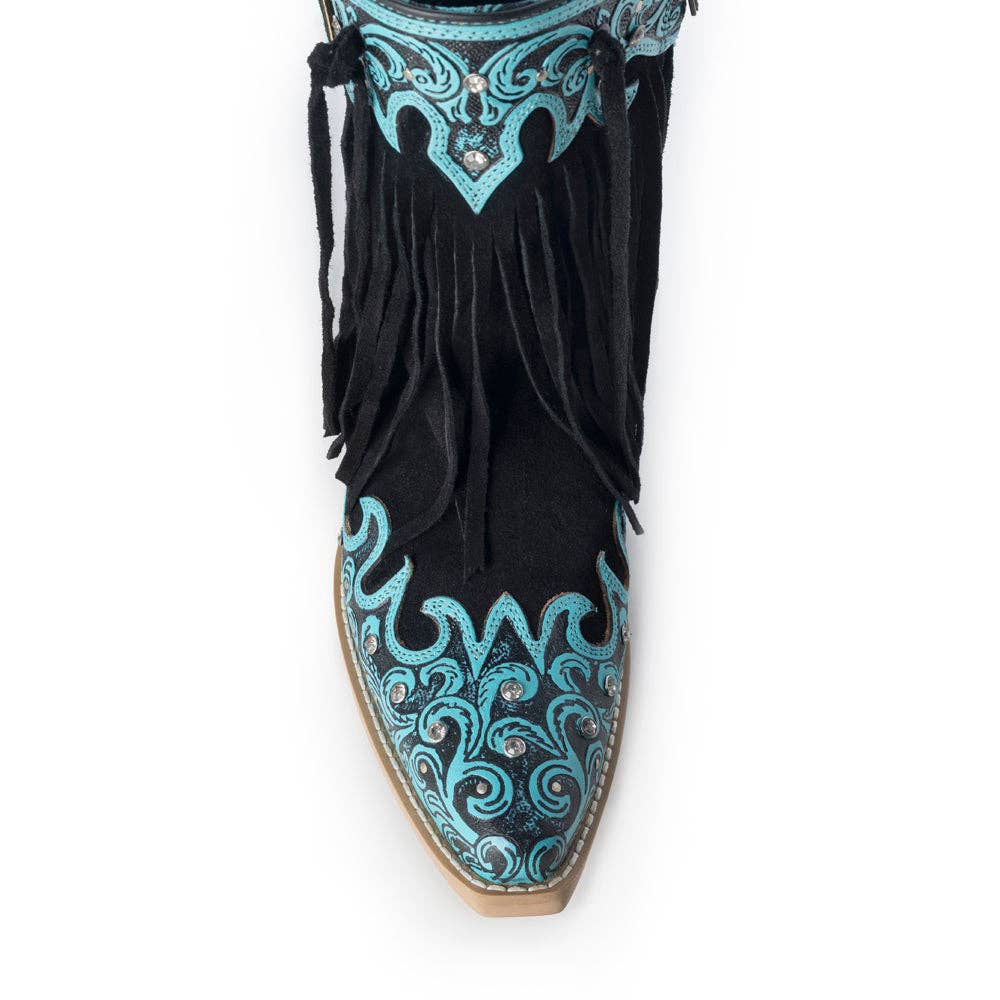 Back view of women's black fringe cowgirl boots with turquoise topline