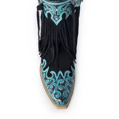 Back view of women's black fringe cowgirl boots with turquoise topline