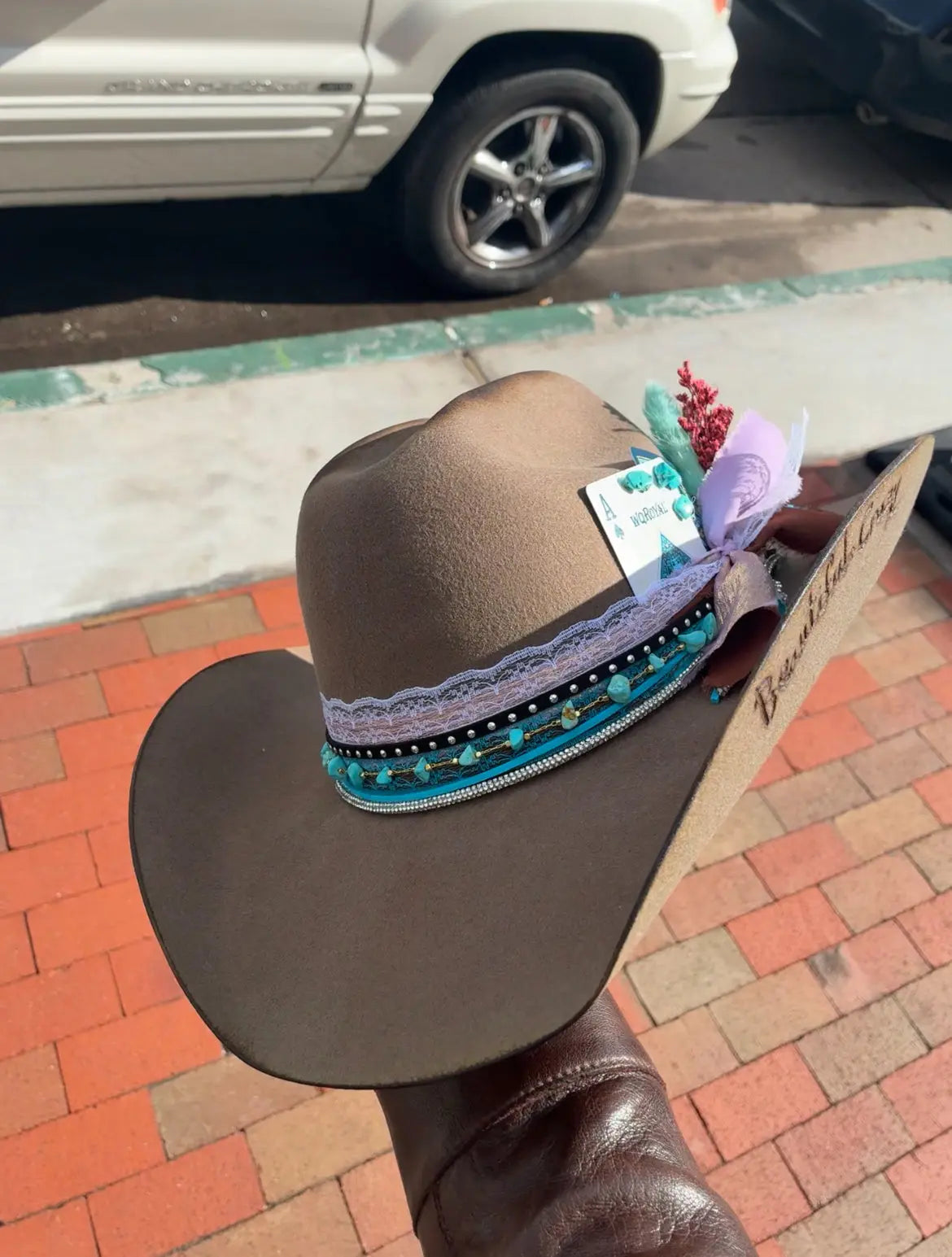 “Beautiful Crazy” Custom Western Hat — Turquoise, Lace & Feathers Last Rodeo Western Wear & Hat Bar