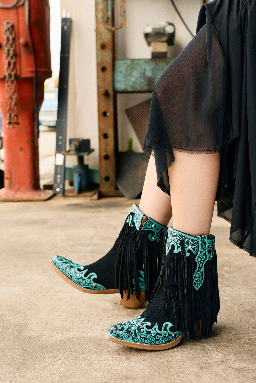 Turquoise fringe cowgirl boots detail view