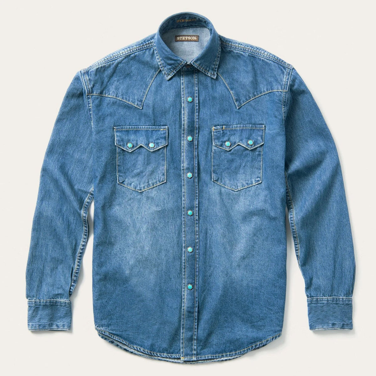 Stetson men's denim long sleeve western snap shirt with turquoise snaps