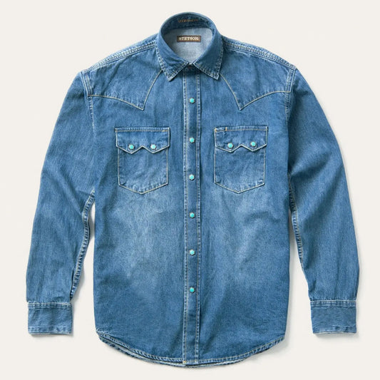 Stetson men's denim long sleeve western snap shirt with turquoise snaps