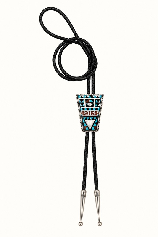 Zuni Native American Sterling Silver Turquoise Multi-Stone Inlay Bolo Tie