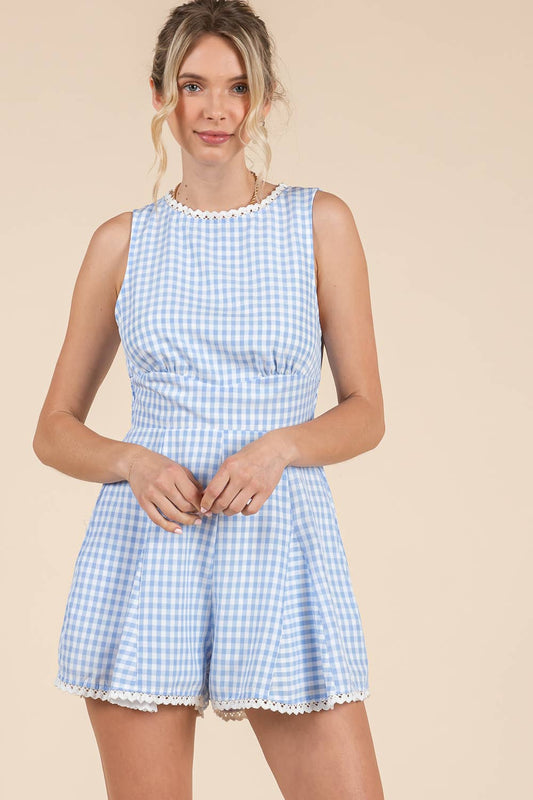 Blue Gingham Lace Romper