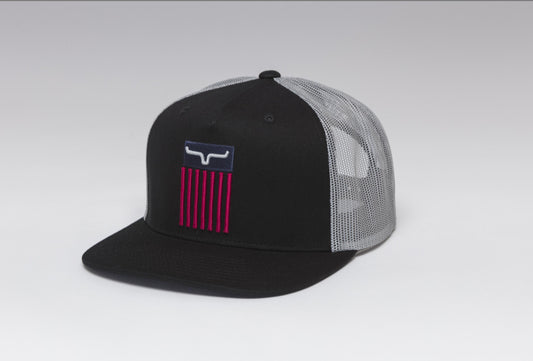 Kimes Ranch American Flag Horns Trucker Hat – Black/Grey Snapback