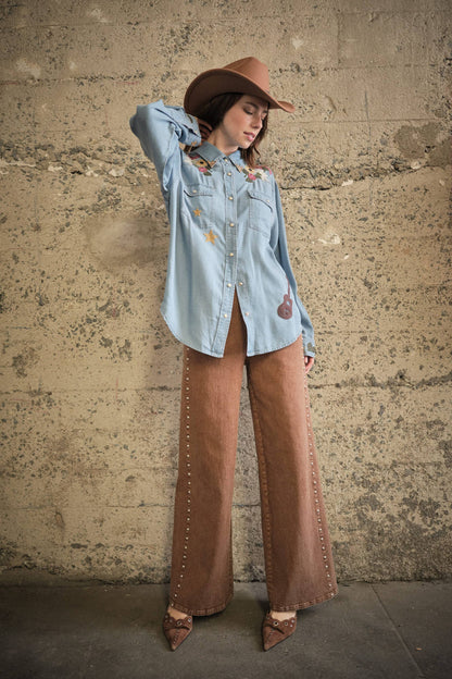 Women's western Tencel shirt with guitar embroidery detail