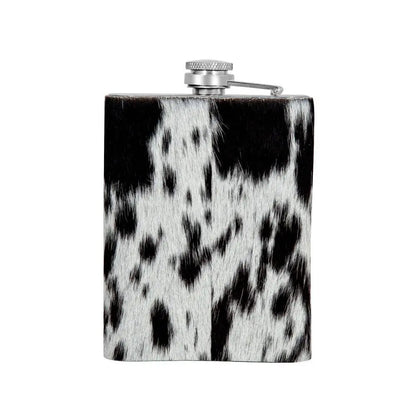 Western Hair-On Cowhide Flask – 8 oz Stainless Steel Cowboy Flask Last Rodeo Western Wear & Hat Bar