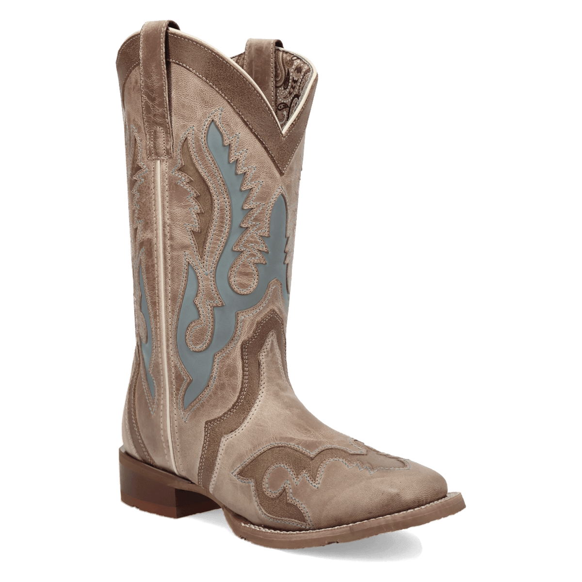 Ardena Leather Boot - Tan/Blue, 45 degree angle