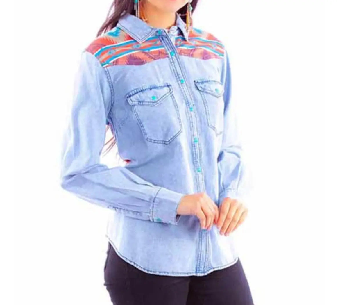Women’s Western Aztec Denim Snap Shirt Last Rodeo Western Wear & Hat Bar