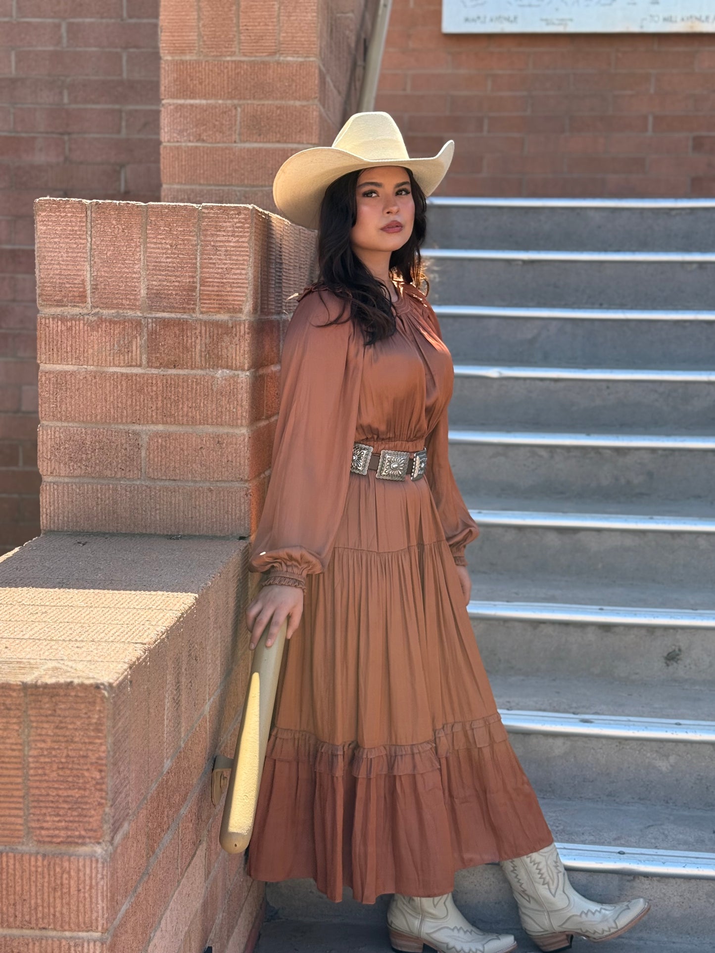 Rust Satin Ruffle Midi Dress – Elegant Western Style Last Rodeo Western Wear & Hat Bar