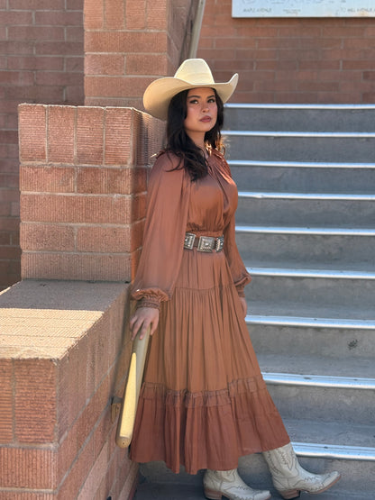 Rust Satin Ruffle Midi Dress – Elegant Western Style Last Rodeo Western Wear & Hat Bar