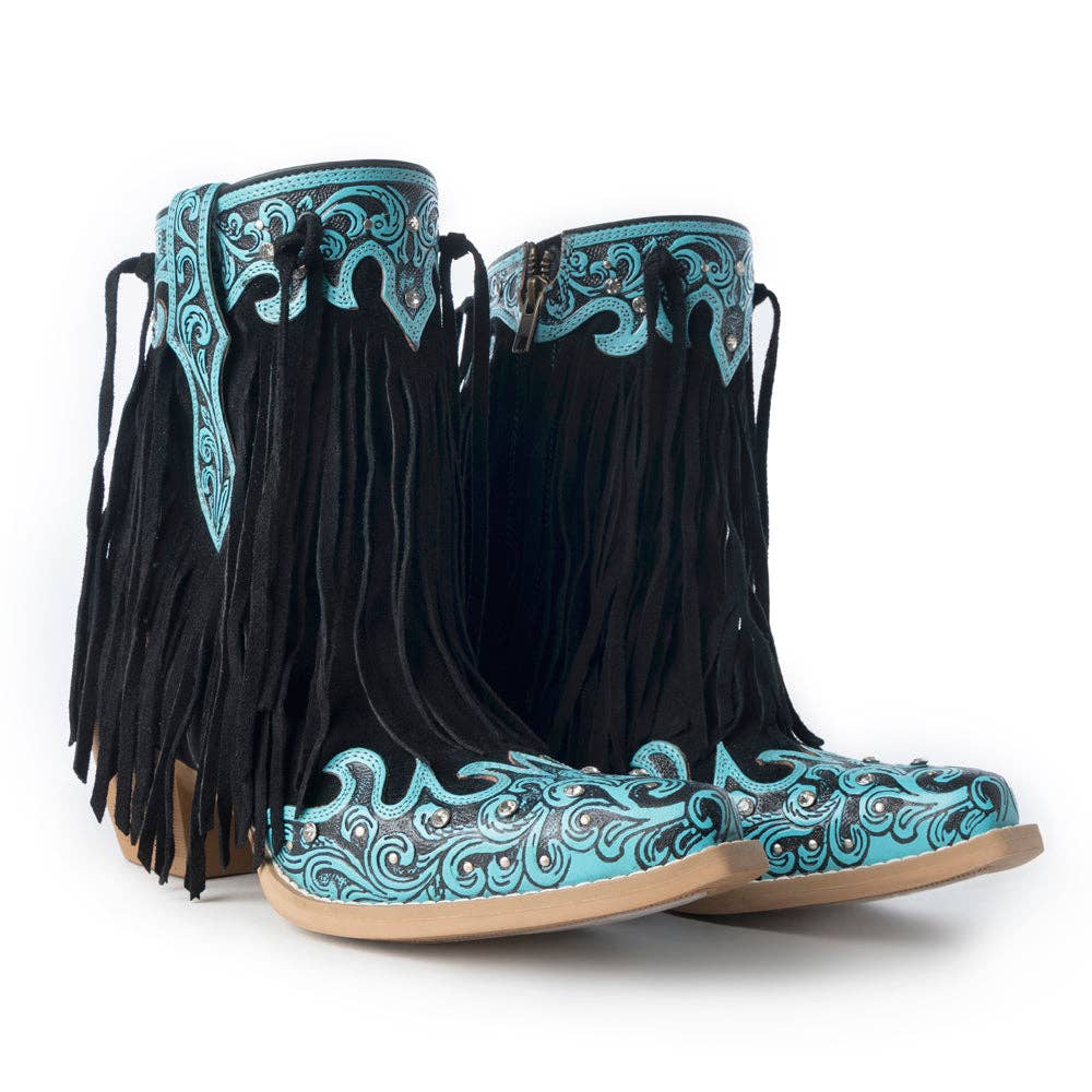 Pair of turquoise fringe cowgirl boots with Swarovski stones and snip toe
