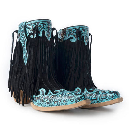 Pair of turquoise fringe cowgirl boots with Swarovski stones and snip toe
