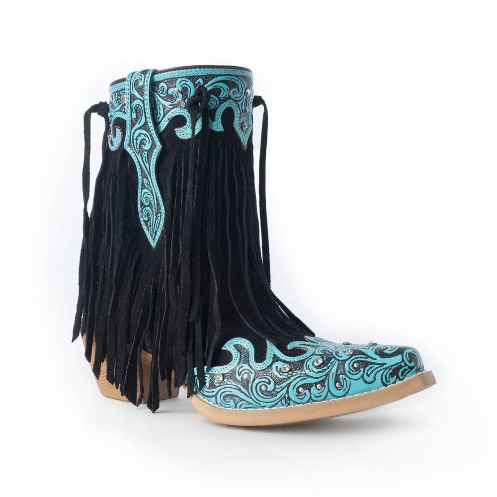Nashville Nights black fringe western booties with turquoise tooled leather