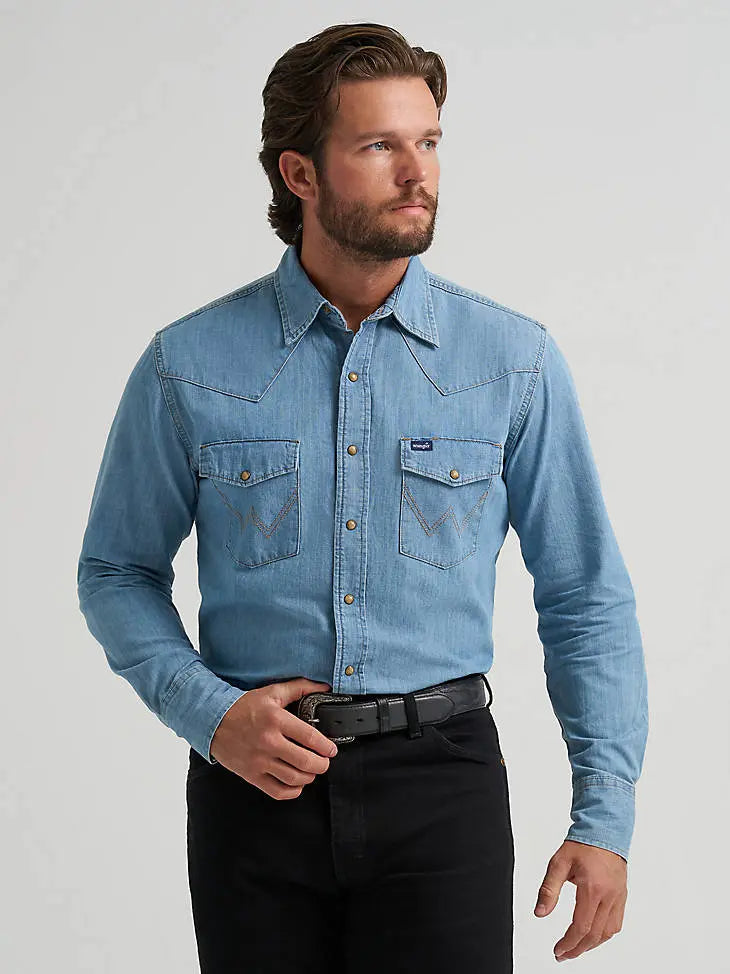 Wrangler Men’s Classic Denim Western Snap Shirt – Light & Dark Wash Last Rodeo Western Wear & Hat Bar