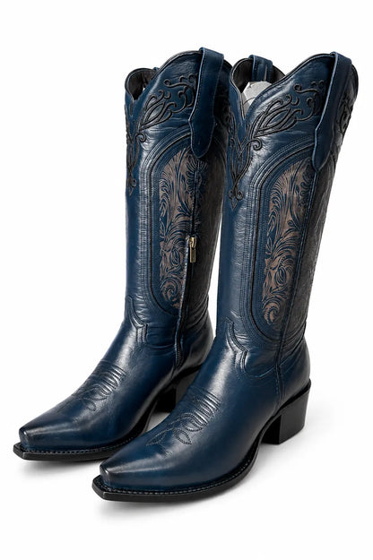 Women’s Snip Toe Western Cowboy Boots – 16” Tall Embroidered Leather Last Rodeo Western Wear & Hat Bar