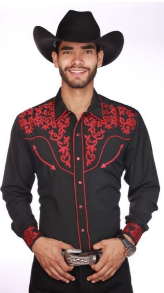 Men’s Black & Red Embroidered Western Shirt