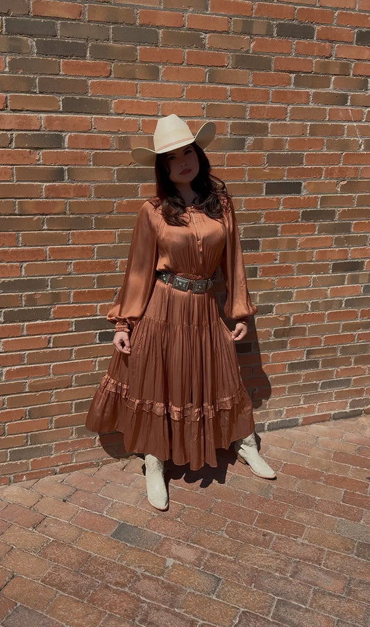 Rust Satin Ruffle Midi Dress – Elegant Western Style Last Rodeo Western Wear & Hat Bar