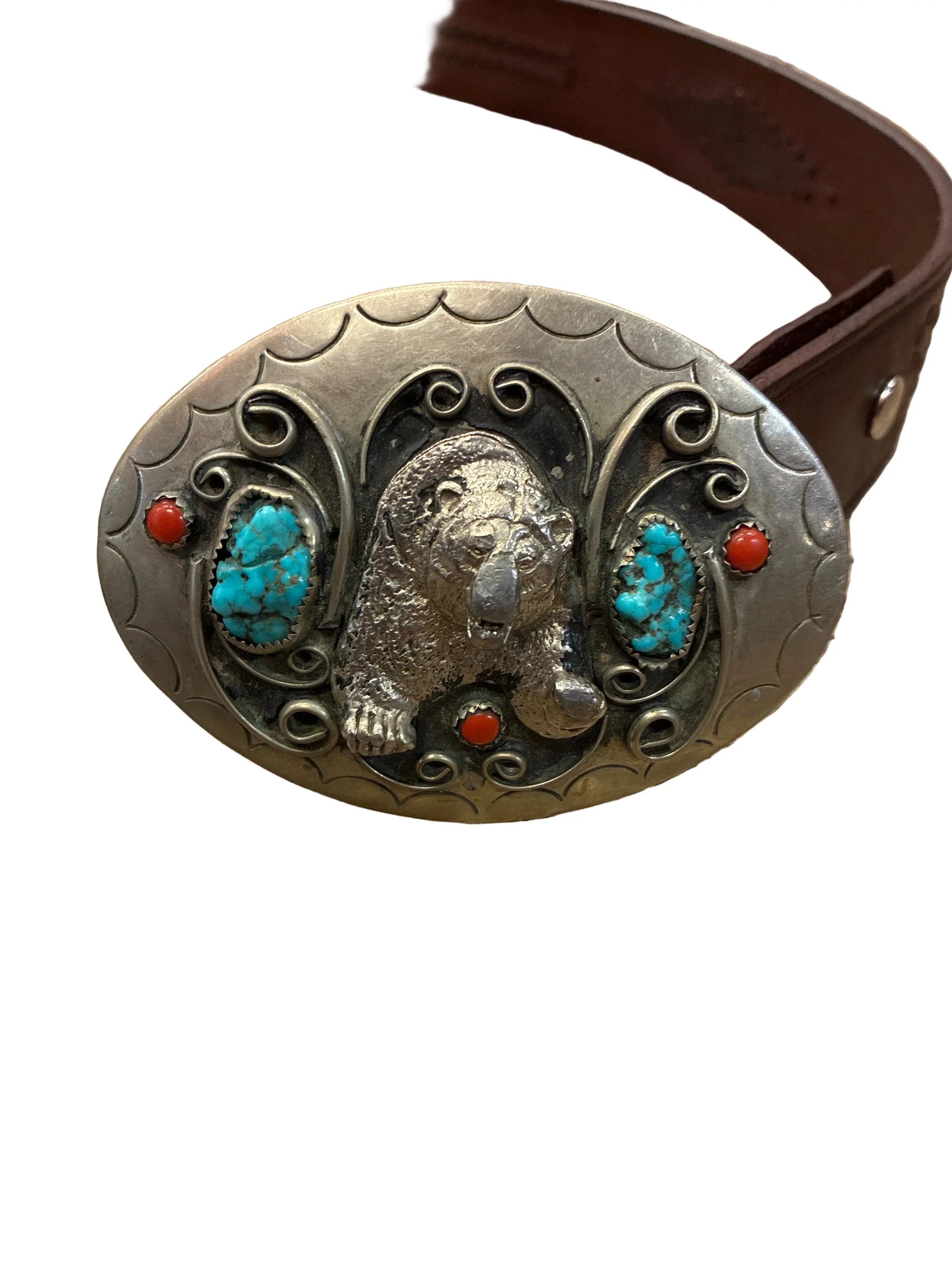 Sterling Silver Navajo Bear Belt Buckle with Turquoise & Coral Last Rodeo Western Wear & Hat Bar