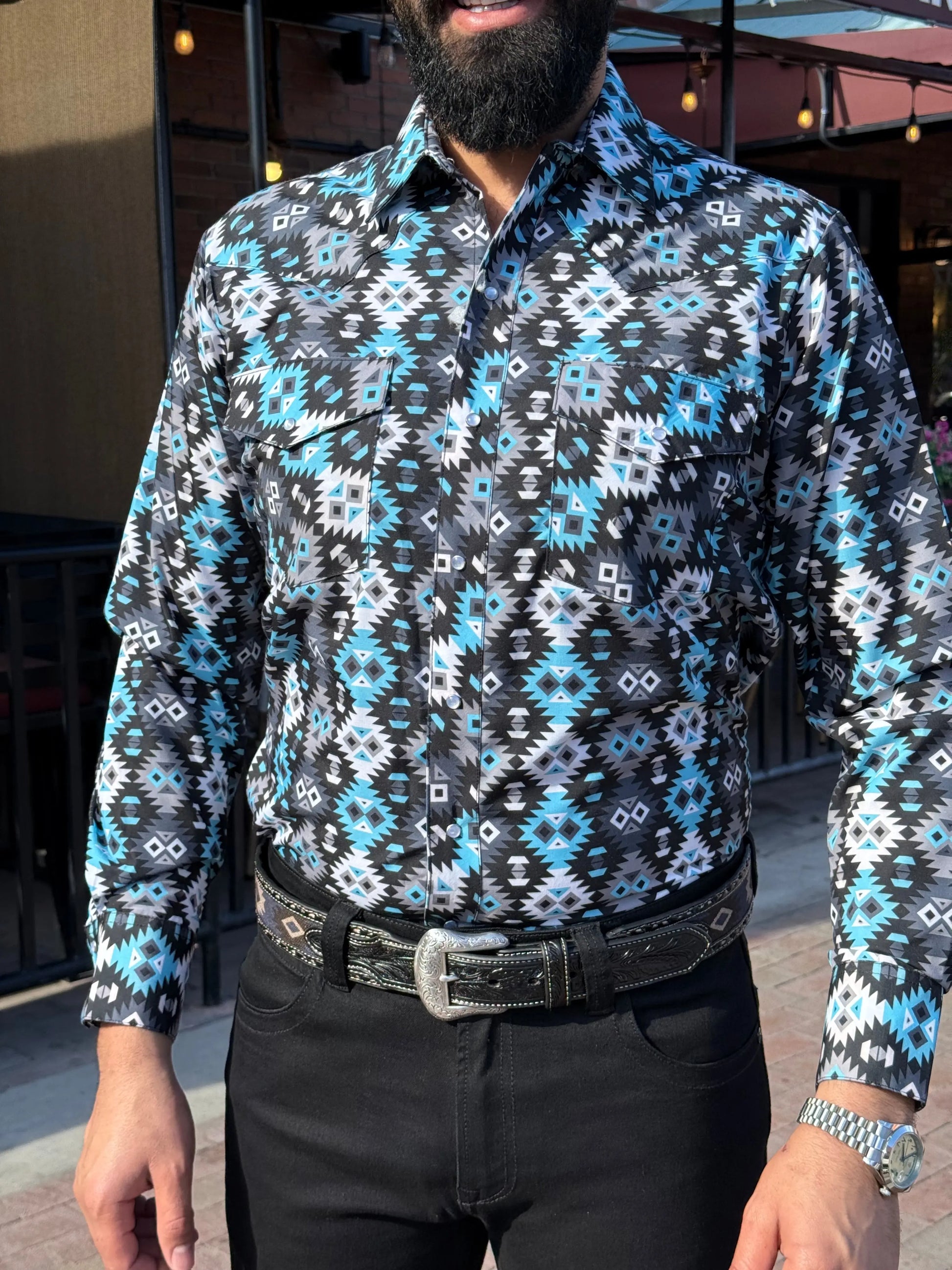 Men's Turquoise Aztec Western Pearl Snap Shirt Last Rodeo Western Wear & Hat Bar