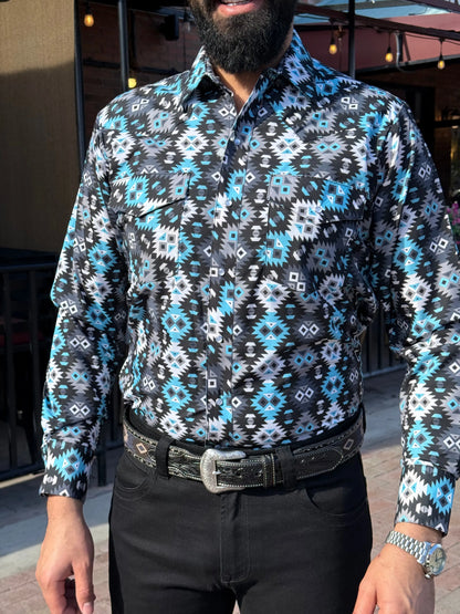 Men's Turquoise Aztec Western Pearl Snap Shirt Last Rodeo Western Wear & Hat Bar
