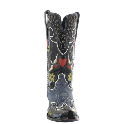 Midnight Cowboy blue floral and love bird embroidered cowgirl boots