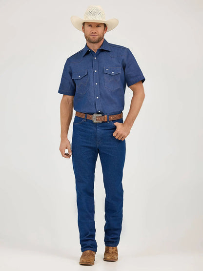 Wrangler Men’s Short Sleeve Denim Western Snap Shirt – Dark Indigo Last Rodeo Western Wear & Hat Bar